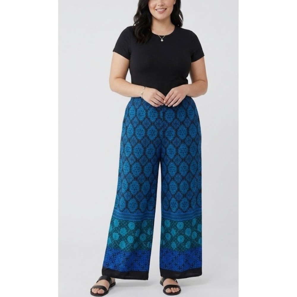 Susan Graver Liquid Knit Pants Blue Black Damask Print Wide Leg Womens 1XP